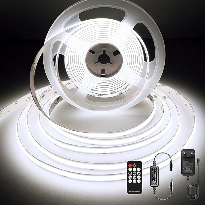 Ruban LED COB 3m 6000K Bande Lumineuse Dimmable avec Telecommande et Alimentation DC24V CRIgt 92 Largeur 3M 6000k