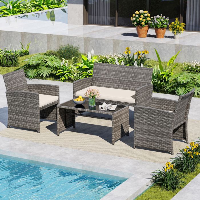 COSTWAY Ensemble 4 PCS Table et Chaises de Jardin en Rotin PE Mélange Gris Canapé Double Mobilier dExtérieur avec Coussins Blanc