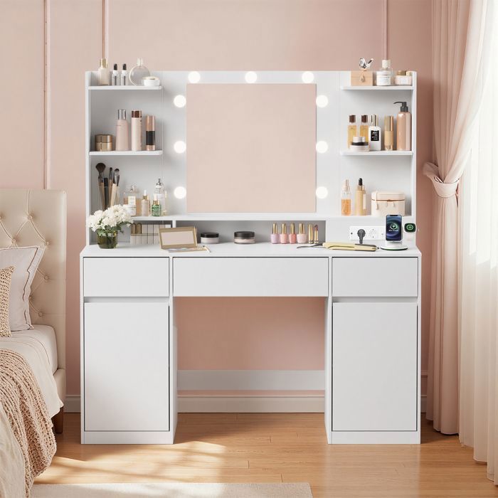 Coiffeuse avec Miroir LED Multiprise 2 Placards 9 Ampoules Éclairage 3 Couleurs Blanc