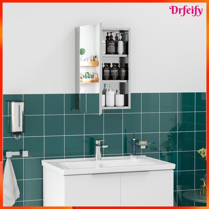 Armoire miroir de salle de bain - AKOZON - 8141 - Inox & MDF - 3 étagères - 39x12x60 cm