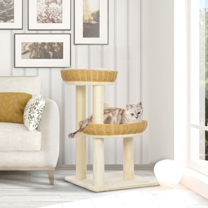 Arbre à chat - AKOZON - 10195 - 75 5 cm - 2 lits rotin PE - Beige