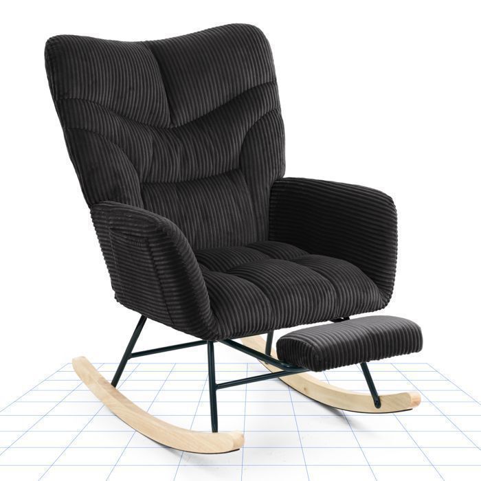 FlexiSpot Fauteuil de Relaxation à Bascule en Velours Côtelé avec Repose-pieds Rocking Chair pour Salon Balcon ou Terrasse Noir