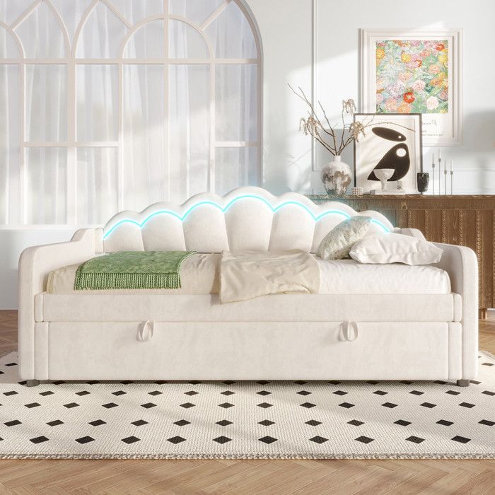 Lit de jour canapé-lit hydraulique lit avec rangement lit simple (sans matelas) bande LED changeante de couleur 90x200cm Beige
