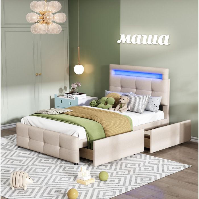 ULEVR Lit rembourré beige 90 x 200 cm avec LED 2 tiroirs et sommier à lattes
