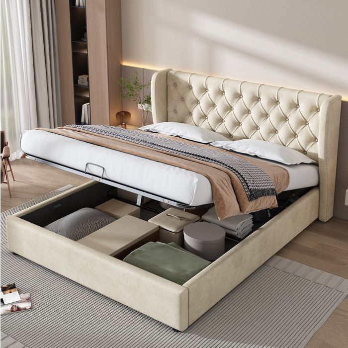 Lit double beige 140 × 190 en velours avec coffre de rangement sans matelas