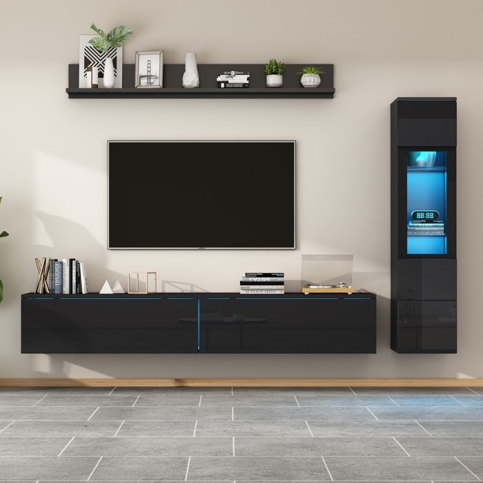 Meuble TV - KOMHTOM - Set 3 pièces - Noir brillant - LED - Vitrine & étagère Meuble TV - KOMHTOM - Set 3 pièces - Noir brillant - LED - Vitrine & étagère