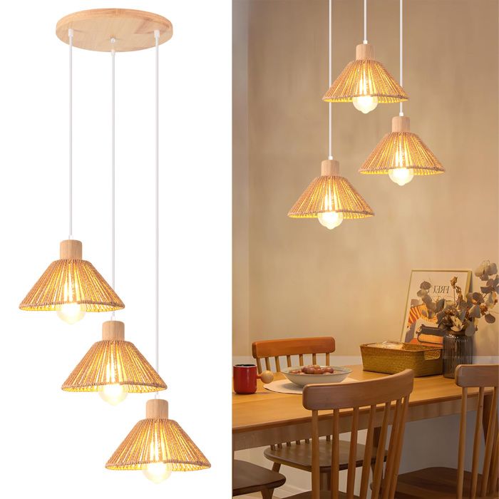 3 Lumières Suspension Luminaire en Rotin Brun et Bois Vintage Ø22CM Plafonnier Lustre Disque Style Bohème pour Salon - SMOTOP