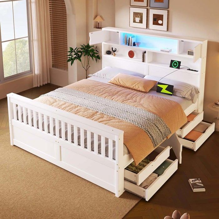 Lit double - Structure 160 x 200 cm - Tête de lit rangement avec LED - 4 tiroirs - Sommier inclus