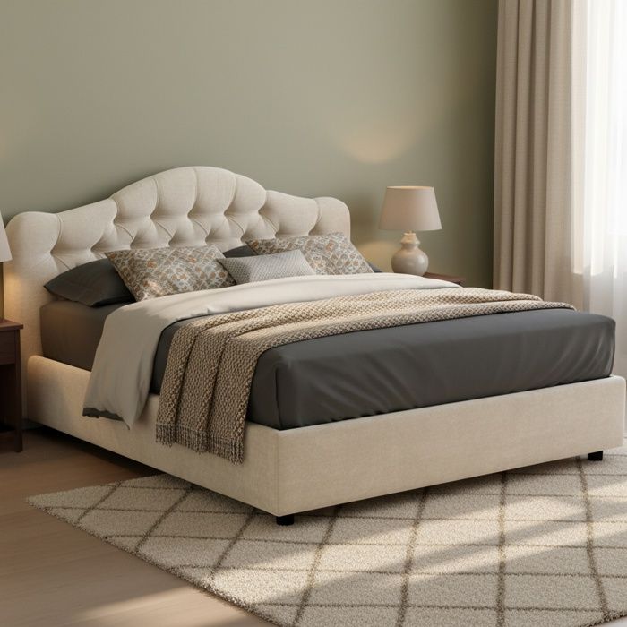 Lit double Alfer Dmora en tissu beige Lit double Alfer Dmora en tissu beige