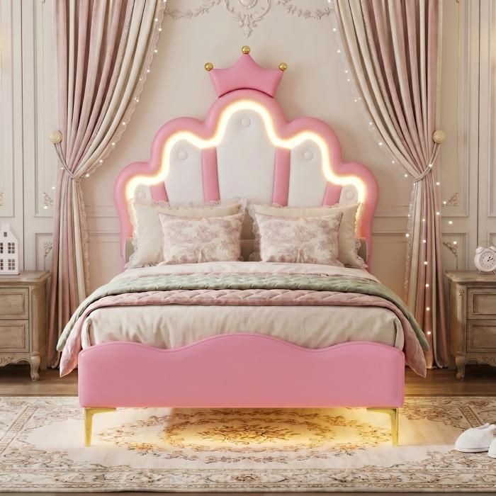 Lit enfant 90x200 avec LED Lit fille 90x200 cm avec décor couronne Lit princesse fille Sommier à Lattes Lit Simple PU Rose