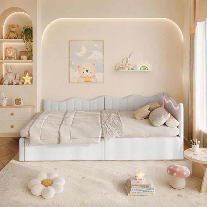 Lit Banquette Coffre à Gaz 90x200 cm en Velours Lit Multifonction avec Éclairage LED Réglable pour Chambre Adulte et Enfant