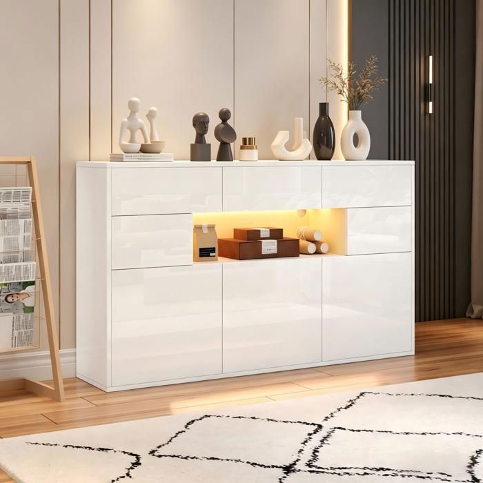 Buffet de Salon - Modenuit - 140x30x82 cm - 3 Tiroirs et 5 Placards - Éclairage LED - Laquée Brillante - Blanc
