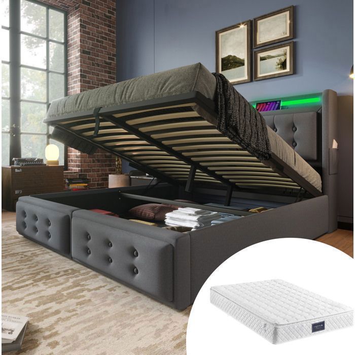 Lit complet lit adulte 160x200 cm avec LED prises USB USB-C sommier à lattes en coton et lin gris matelas inclus