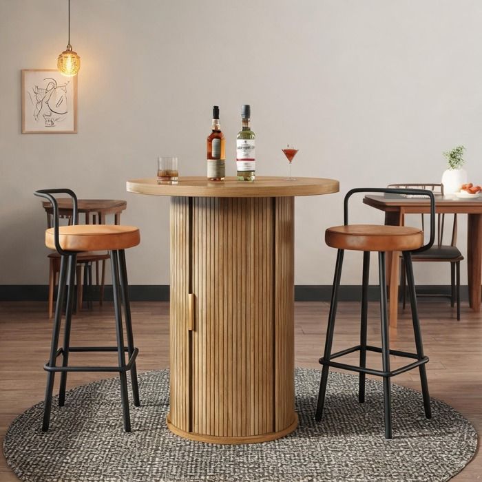 Set de table-bar rond avec rangement + 2 tabourets en MDF finition bois idéal pour bar et salon