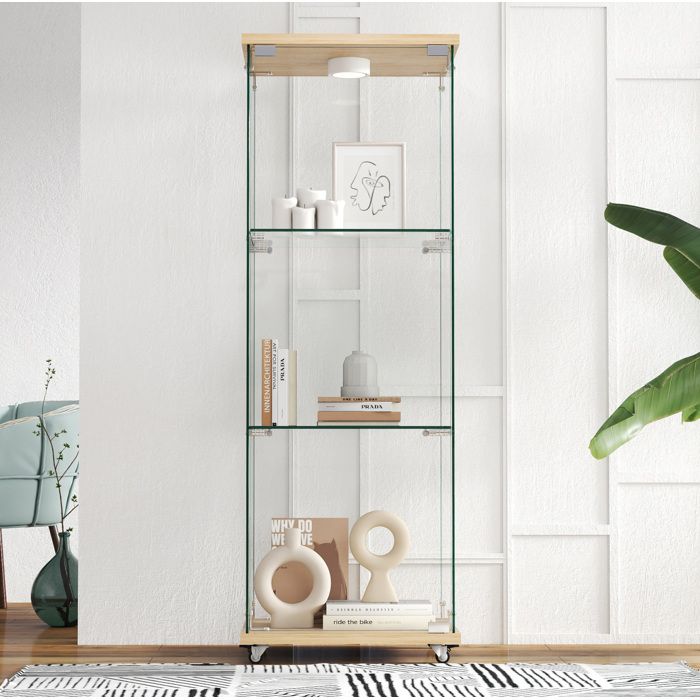 HOMVRA Vitrine en verre avec éclairage LED 3 niveaux porte vitrée aspect bois naturel 42 5 x 36 5 x 121 7 cm