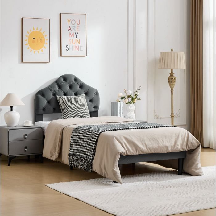Lit simple rembourré 90x200 cm en chenille grise tête de lit réglable sommier à lattes en bois inclus