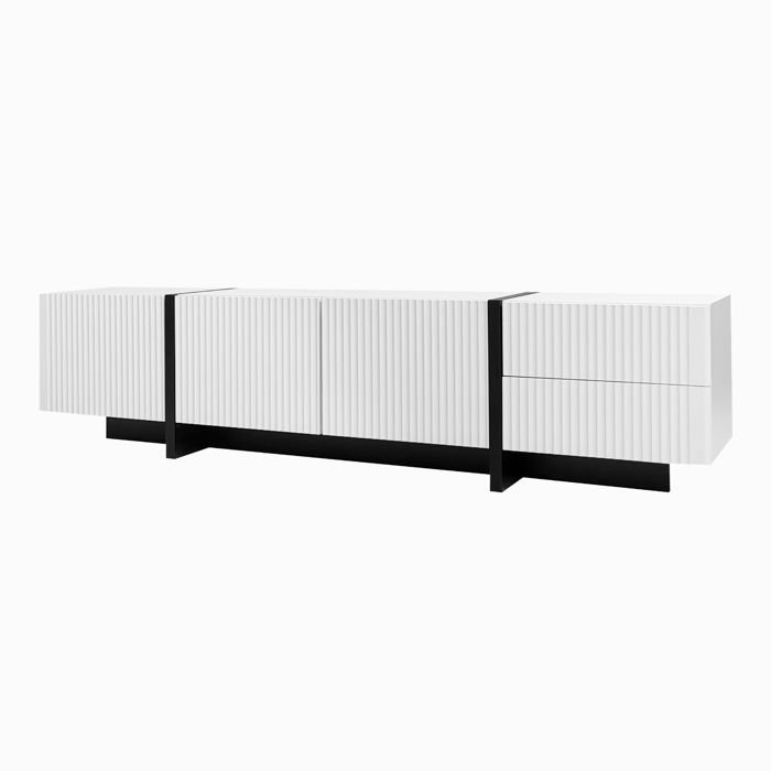 Meuble TV moderne blanc 190 x 35 x 45 cm avec 3 portes et 2 tiroirs Meuble TV moderne blanc 190 x 35 x 45 cm avec 3 portes et 2 tiroirs