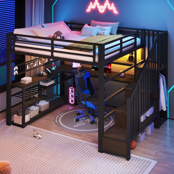 Lit Mezzanine 2 Place en métal avec LED et armoire Lit mezzanine gaming 140x200 pour gaming avec bureau et rangements Noir