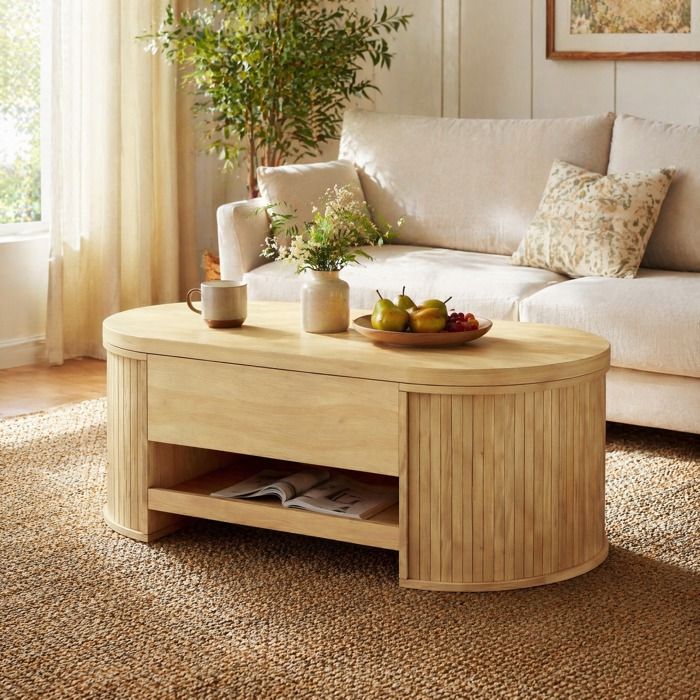 VEVXYN table basse relevable rangement table salon ovale 110 x 55 5 x 40 cm en MDF naturel avec tablette coulissante