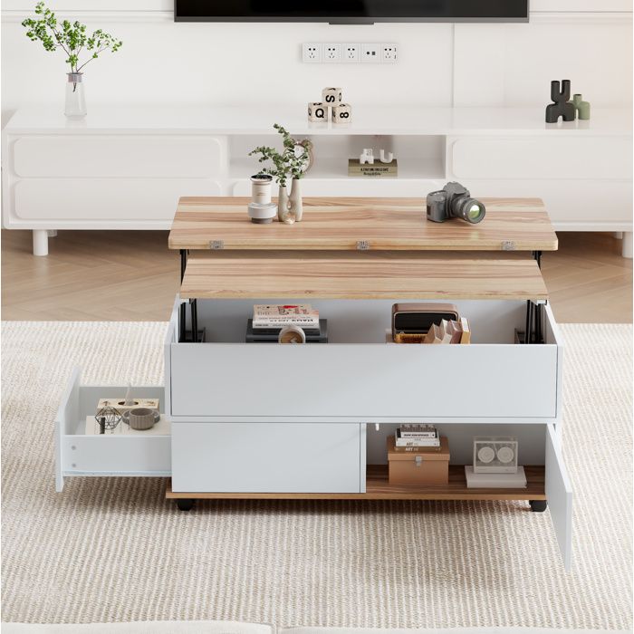VEVXYN table basse relevable rangement table salon à roulettes avec tiroir et placard 100 x 98 x 65 cm blanc naturel