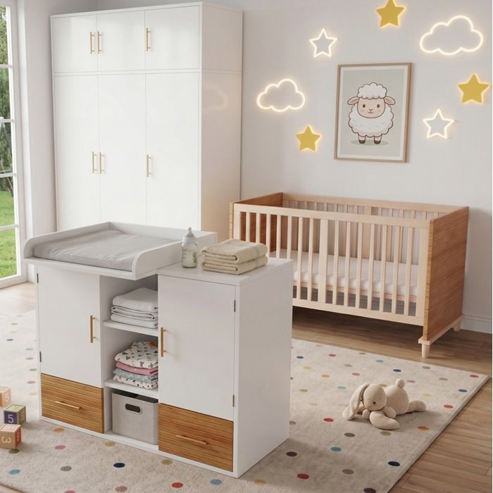 Ensemble Lit Bebe Table A Langer Blanc Naturel Set Chambre Bebe FloraGrace Pour Chambre Bebe 5 Hauteurs Reglables 70x140cm