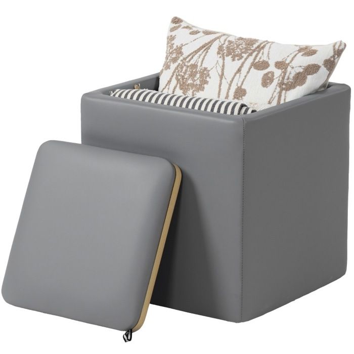 Pouf coffre carré 40 x 40 x 40 cm tabouret de rangement en simili cuir gris 44 L livré monté charge 120 kg