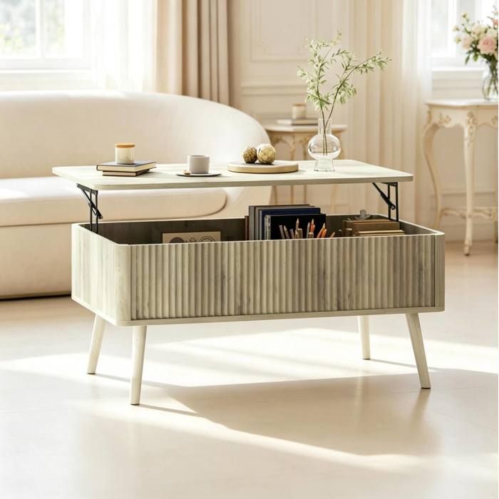 ULEVR Table basse relevable avec 2 rangements cachés décor chêne MDF et pin 91 x 56 x 43 cm