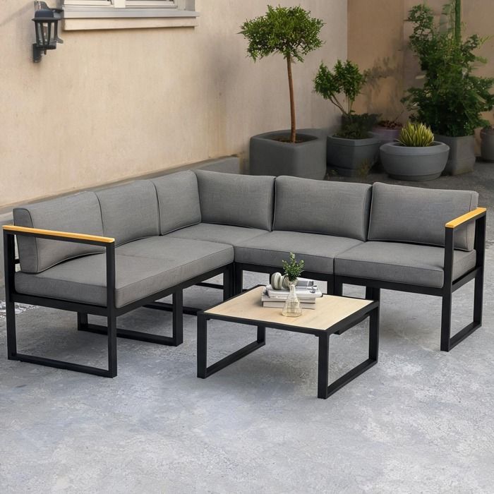 Ensemble 6 pièces pour 5 personnes en aluminium gris – Salon de jardin dangle design contemporain avec table basse