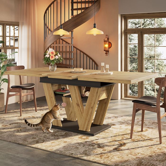 WUVRIE Table a manger extensible 119-1585 x 80 cm aspect bois et noir avec rangement integre pieds en W