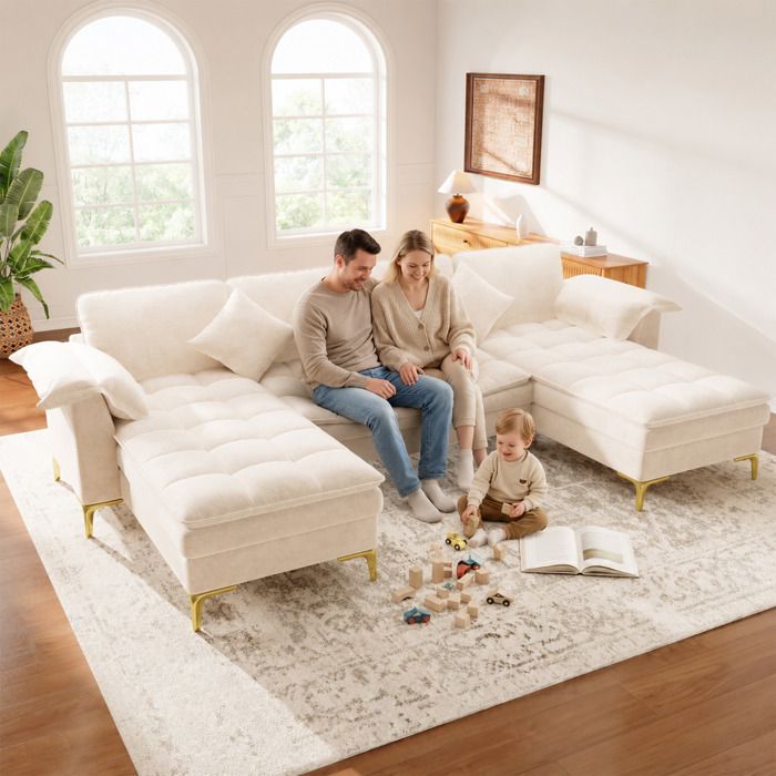 Canapé dangle en U - 4-5 places - Design modulaire - Aspect nuage - 2 méridiennes - 2 coussins inclus
