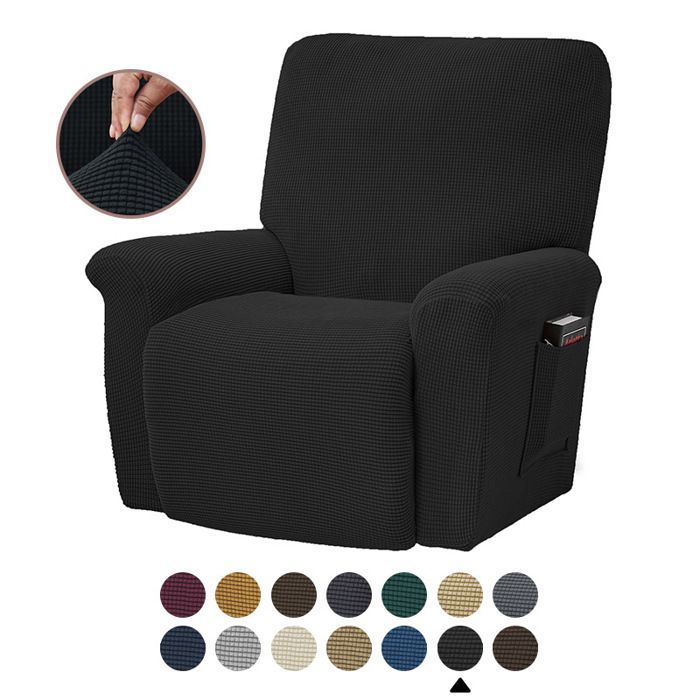 Housse fauteuil relax 4 pièces - PZCC - Polaire épaisse extensible - Noir - Dossier 74–94 cm - Lavable en machine