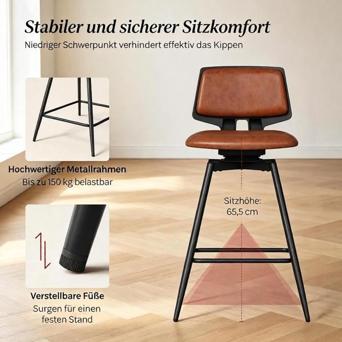 Barhocker lot de 2 pivotants 360° avec dossier ergonomique simili cuir marron structure métal assise 65 5 cm