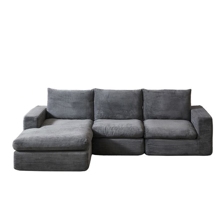 Canapé d’angle en velours côtelé beige avec 3 coussins sans montage style moderne salon