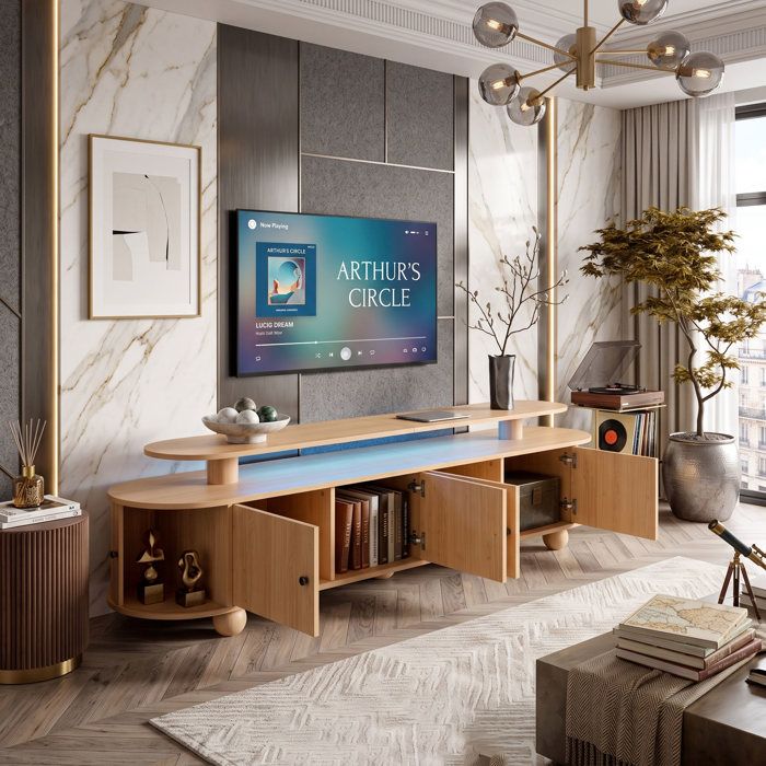 Meuble TV 180 cm Grand Rangement LED  Design Rétro Bords Arrondis 6 Portes  Double Plateau Pieds Boule Bois - Chêne Naturel