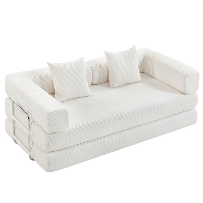 HS Canapé Convertible Velours Côtelé 2 Places - Canapé-Lit Modulable 190x180cm Mousse Haute Résilience Salon Blanc