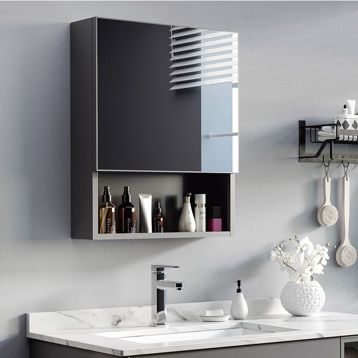 Armoire à pharmacie murale noire avec porte miroir 3 niveaux de rangement et étagère ouverte 46 x 13 5 x 58 cm VEVXYN