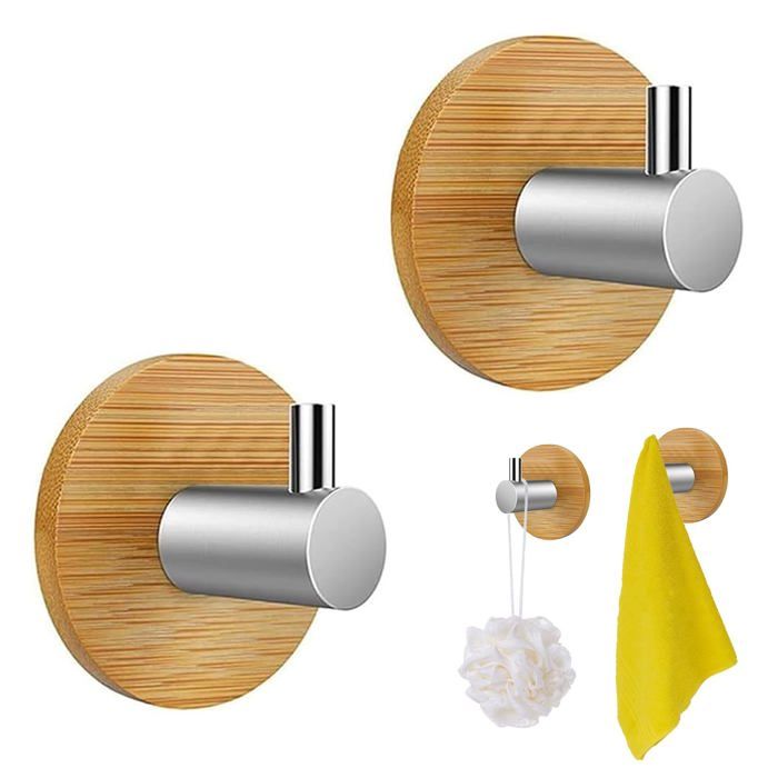 Crochet Adhesif Mural en Bambou 2 Pièces Patère Pte Bambou Crochet Auto Adhésif Acier Inoxydable et  PORTE ACCESSOIRE DE SALLE DE B