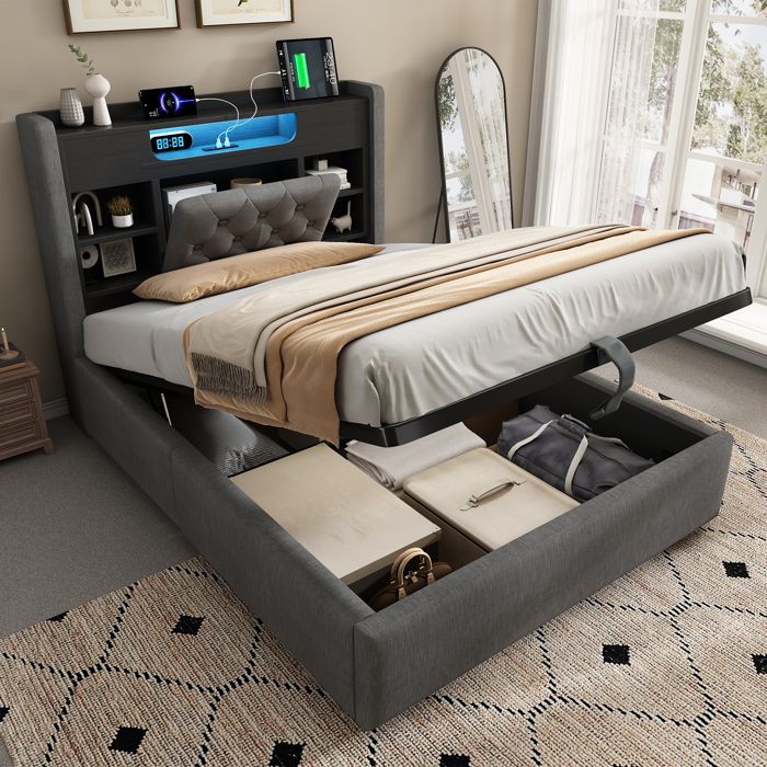 Lit rembourré simple 90x200 cm en lin coloris gris sans matelas sommier à lattes coffre relevable tête de lit ports USB