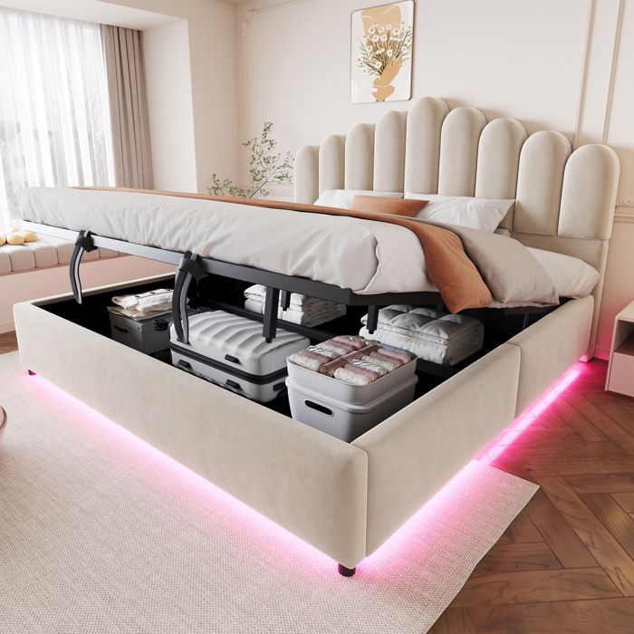 Lit double rembourré 180x200 cm en velours coloris beige éclairage LED coffre relevable sommier à lattes sans matelas