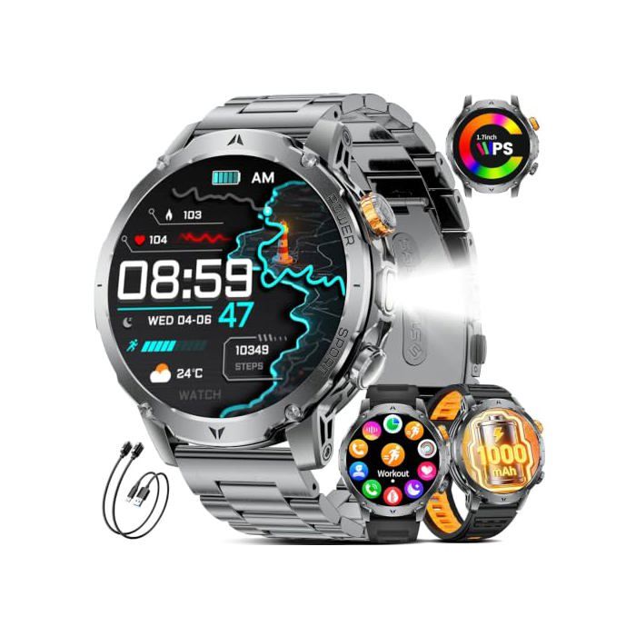 Montre Connectée Homme avec 100mAh/1 7 HD Grand Écran/LED Lampe Smartwatch Homme avec Moniteur de Fréquence Cardiaque
