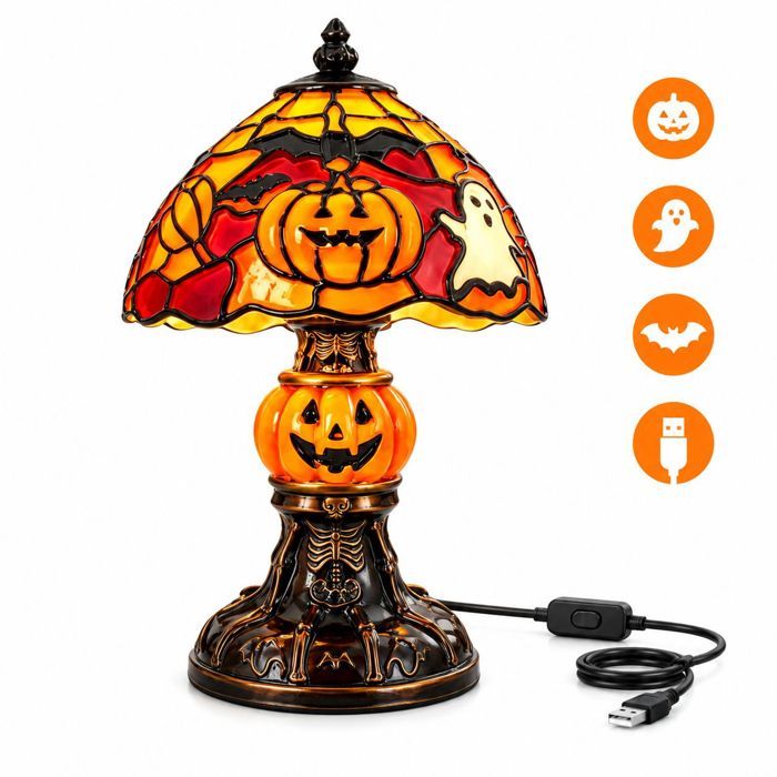 Lampe Halloween – Abat-jur style Tiffany citrouille fantôme chauve-souris – Déco table vitrine ambiance fête –13x13x20cm Multicolore