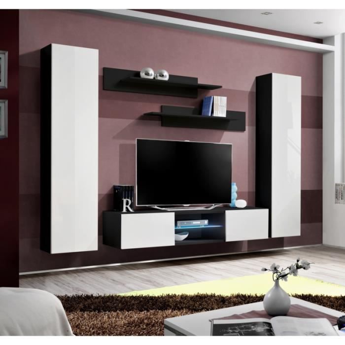 ensemble meuble tv mural - ac-déco - fly o1 - blanc - 2 portes - étagère en verre à éclairage led