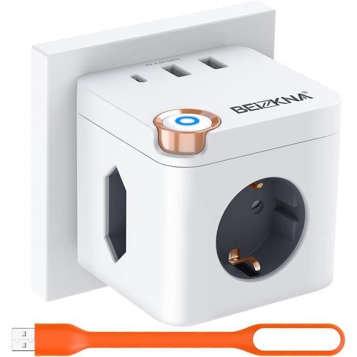 Multiprise encastrable de haute qualité et sécurisée avec port USB-C, 2 prises, interrupteur et câble femelle (3 broches