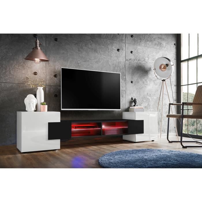 Meuble TV Merano Version 1 Komodee - avec eclairage LED RGB - Blanc et Noir - 230 x 53 x 35 cm