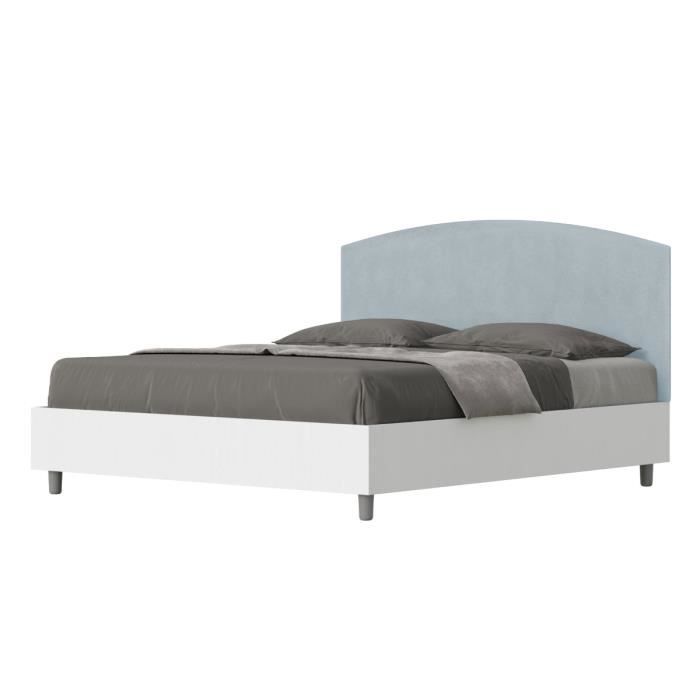 Lit avec sommier 160x190 structure frêne blanc tête de lit microfibra bleu clair Antilia
