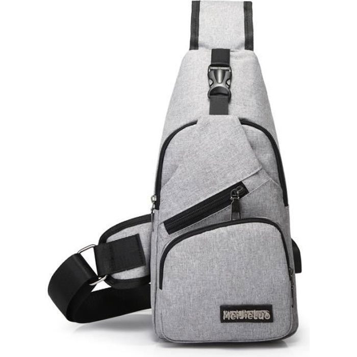 GRIS Sacoche Homme USB Porté Travers Sac Poitrine Bandoulière pour Sport  Voyage