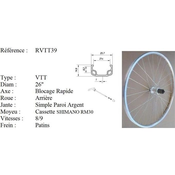 Roue vélo - Roue arrière vélo - 26 pouces - axe à blocage rapide - 8/9 Vitesses - simple paroi - couleur argent