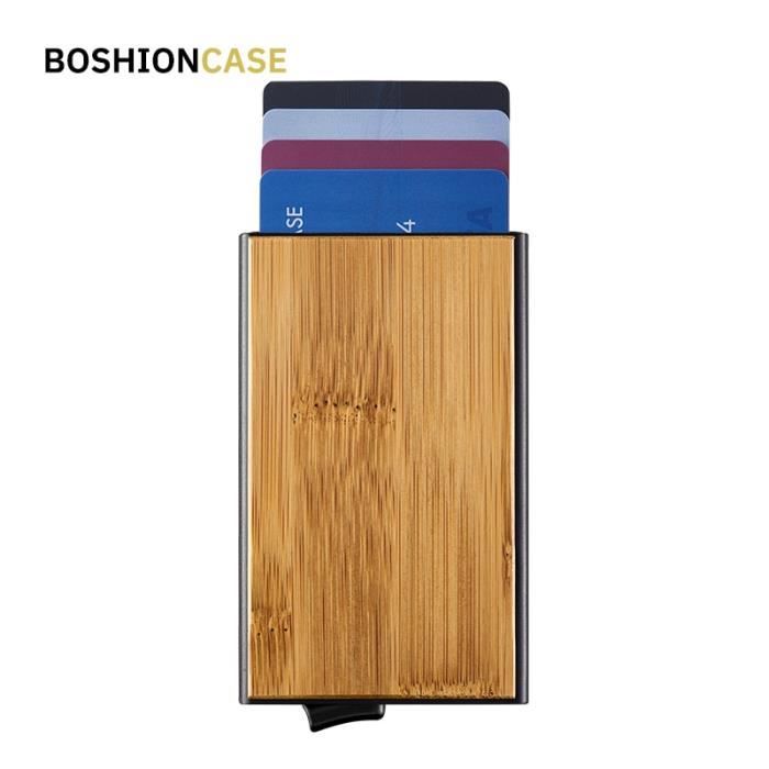 bambou BOSHIONCASE – porte-cartes automatique en aluminium, portefeuille mince avec protection Rfid en bois d