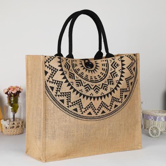 Sac De Plage Fourre-tout – Jute Naturel – Doublure Tissu – Faux Cuir – Femme – Neuf Avec étiquettes