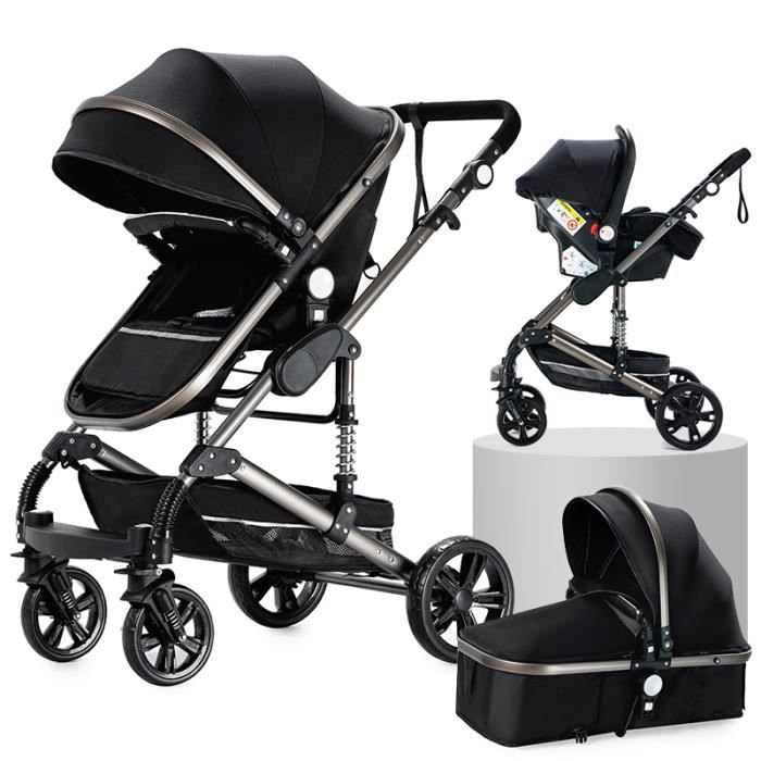 BAZARLAND30 Poussette 3 en 1 Bébé Combinée Siège-Auto Nacelle Réversible Réglable Haute Qualité Roues increvables Canne noir